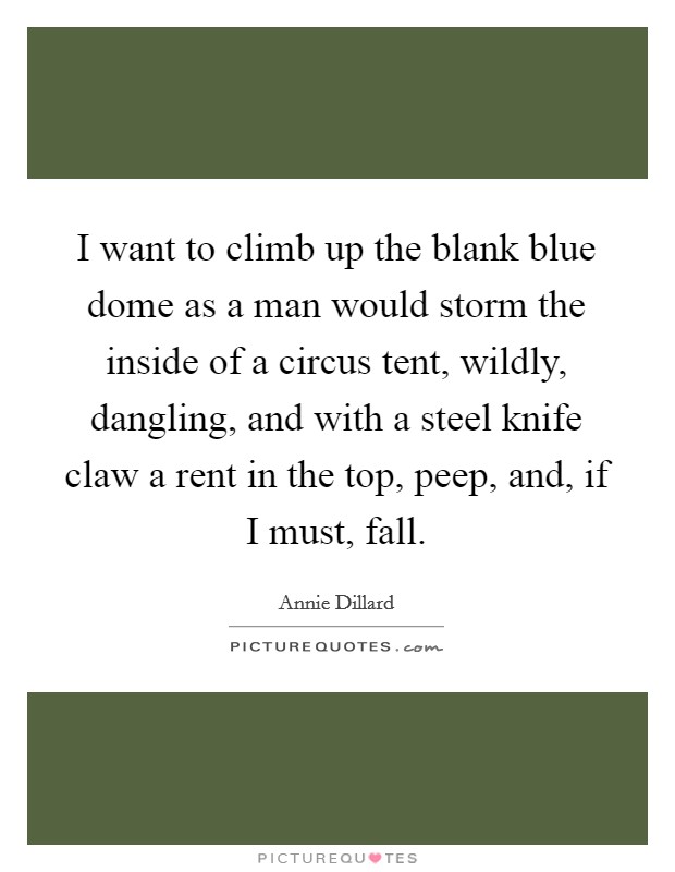 I want to climb up the blank blue dome as a man would storm the inside of a circus tent, wildly, dangling, and with a steel knife claw a rent in the top, peep, and, if I must, fall. Picture Quote #1