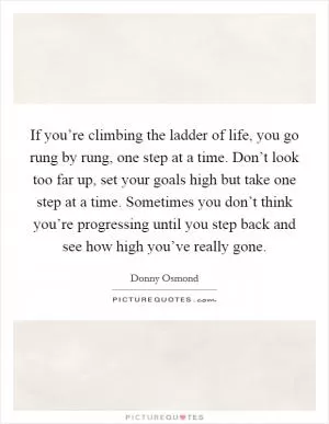 If you’re climbing the ladder of life, you go rung by rung, one step at a time. Don’t look too far up, set your goals high but take one step at a time. Sometimes you don’t think you’re progressing until you step back and see how high you’ve really gone Picture Quote #1