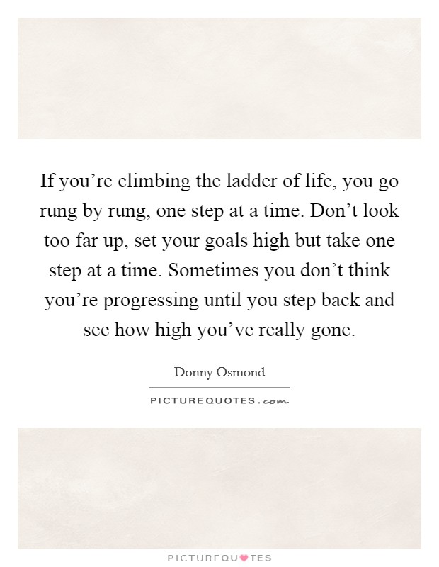 If you're climbing the ladder of life, you go rung by rung, one step at a time. Don't look too far up, set your goals high but take one step at a time. Sometimes you don't think you're progressing until you step back and see how high you've really gone. Picture Quote #1