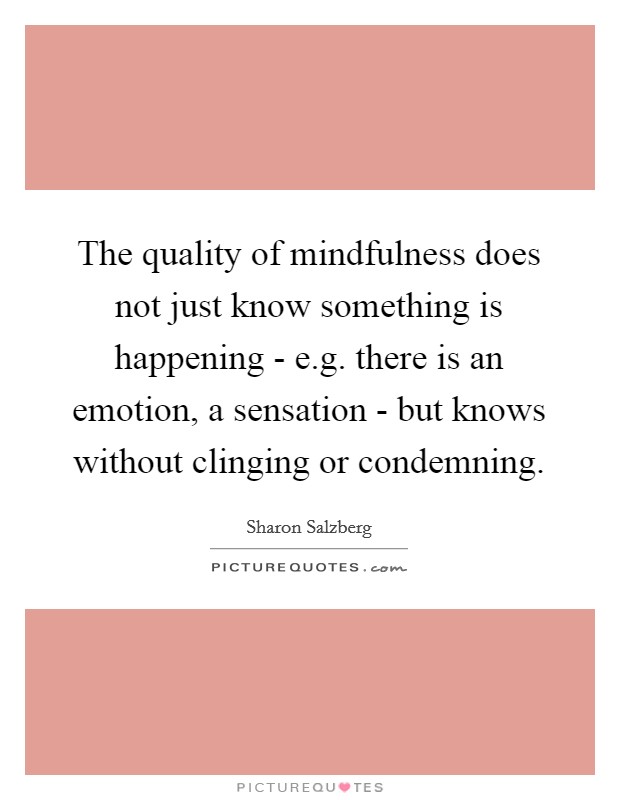 The quality of mindfulness does not just know something is happening - e.g. there is an emotion, a sensation - but knows without clinging or condemning. Picture Quote #1