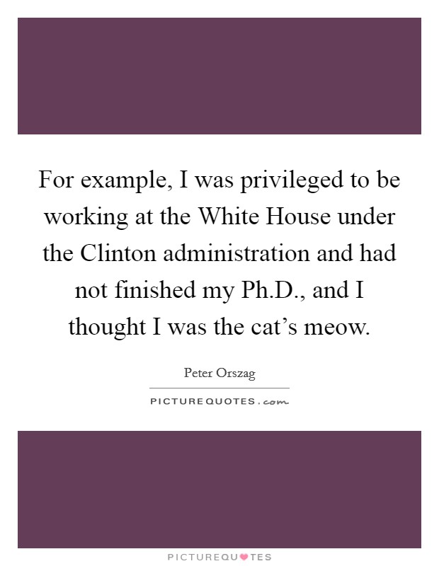 For example, I was privileged to be working at the White House under the Clinton administration and had not finished my Ph.D., and I thought I was the cat's meow. Picture Quote #1