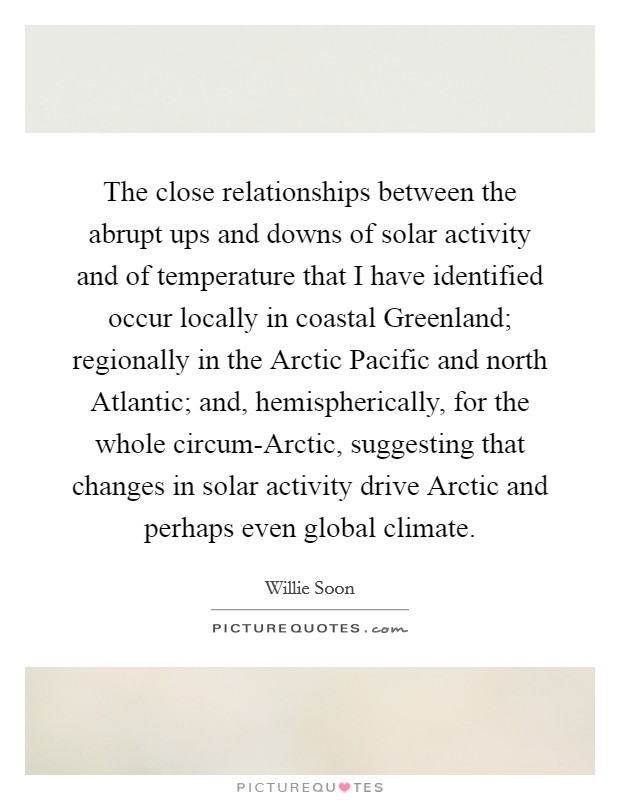 The close relationships between the abrupt ups and downs of solar activity and of temperature that I have identified occur locally in coastal Greenland; regionally in the Arctic Pacific and north Atlantic; and, hemispherically, for the whole circum-Arctic, suggesting that changes in solar activity drive Arctic and perhaps even global climate. Picture Quote #1
