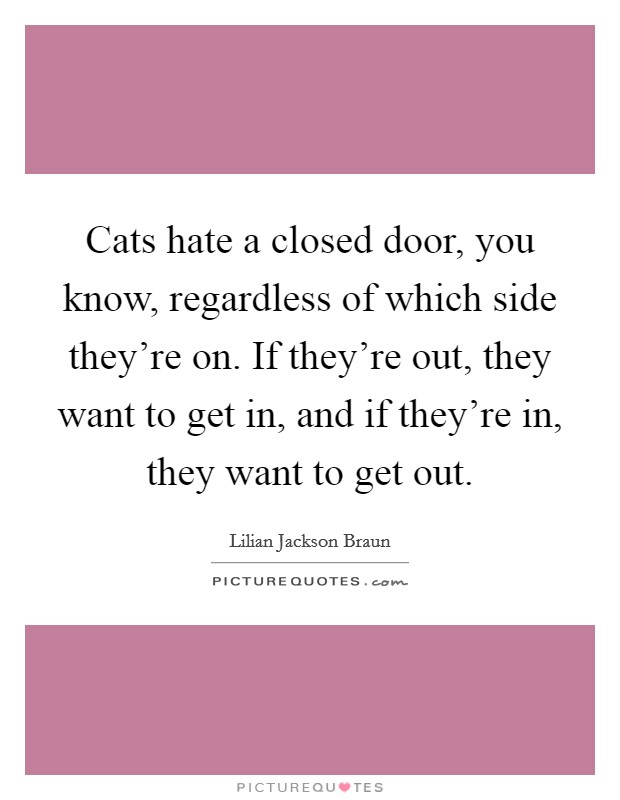 Cats hate a closed door, you know, regardless of which side they're on. If they're out, they want to get in, and if they're in, they want to get out. Picture Quote #1