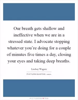 Our breath gets shallow and ineffective when we are in a stressed state. I advocate stopping whatever you’re doing for a couple of minutes five times a day, closing your eyes and taking deep breaths Picture Quote #1