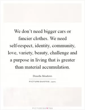 We don’t need bigger cars or fancier clothes. We need self-respect, identity, community, love, variety, beauty, challenge and a purpose in living that is greater than material accumulation Picture Quote #1