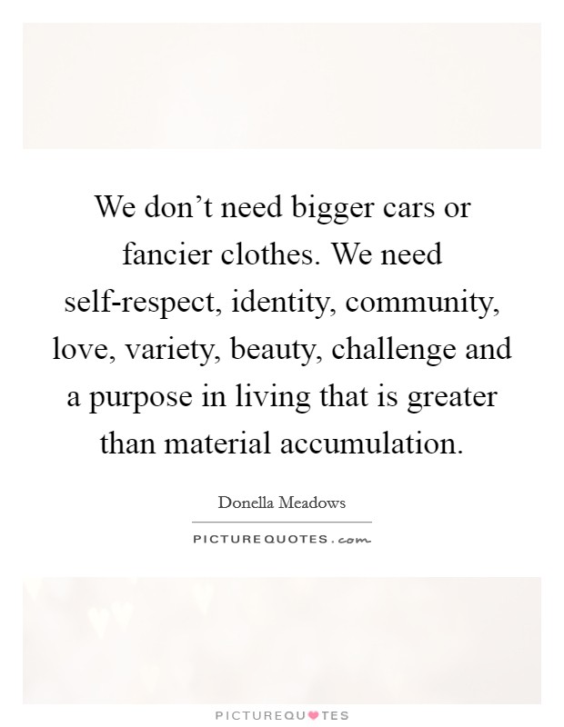 We don't need bigger cars or fancier clothes. We need self-respect, identity, community, love, variety, beauty, challenge and a purpose in living that is greater than material accumulation. Picture Quote #1