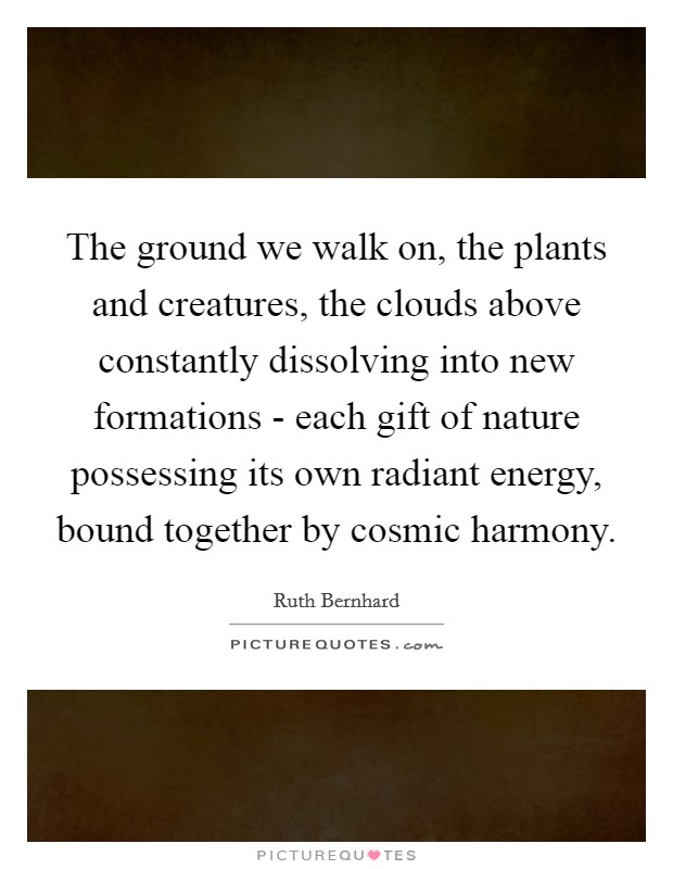 The ground we walk on, the plants and creatures, the clouds above constantly dissolving into new formations - each gift of nature possessing its own radiant energy, bound together by cosmic harmony. Picture Quote #1