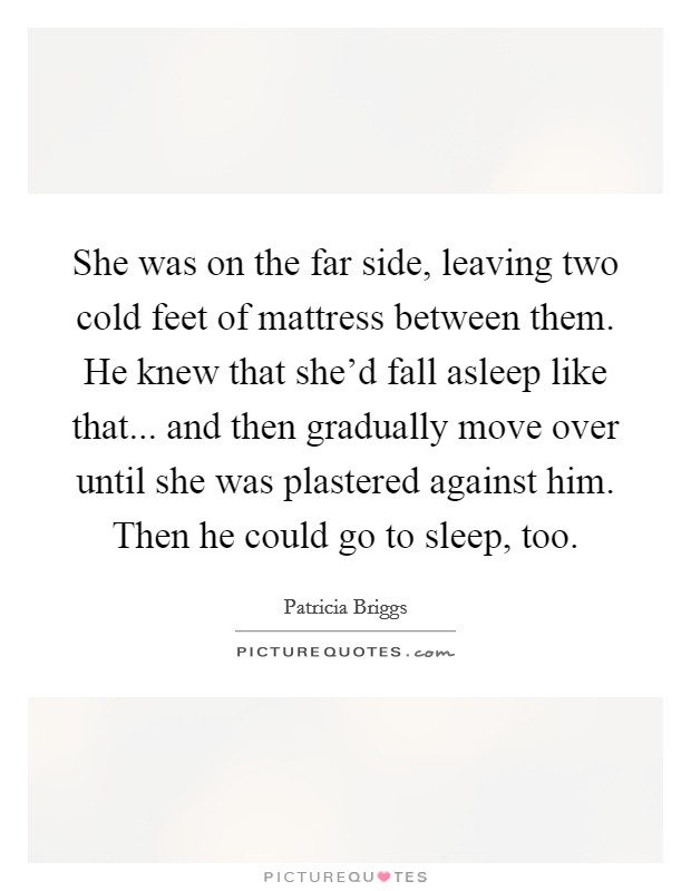 She was on the far side, leaving two cold feet of mattress between them. He knew that she'd fall asleep like that... and then gradually move over until she was plastered against him. Then he could go to sleep, too. Picture Quote #1