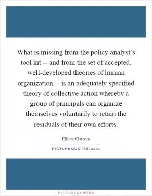 What is missing from the policy analyst’s tool kit -- and from the set of accepted, well-developed theories of human organization -- is an adequately specified theory of collective action whereby a group of principals can organize themselves voluntarily to retain the residuals of their own efforts Picture Quote #1