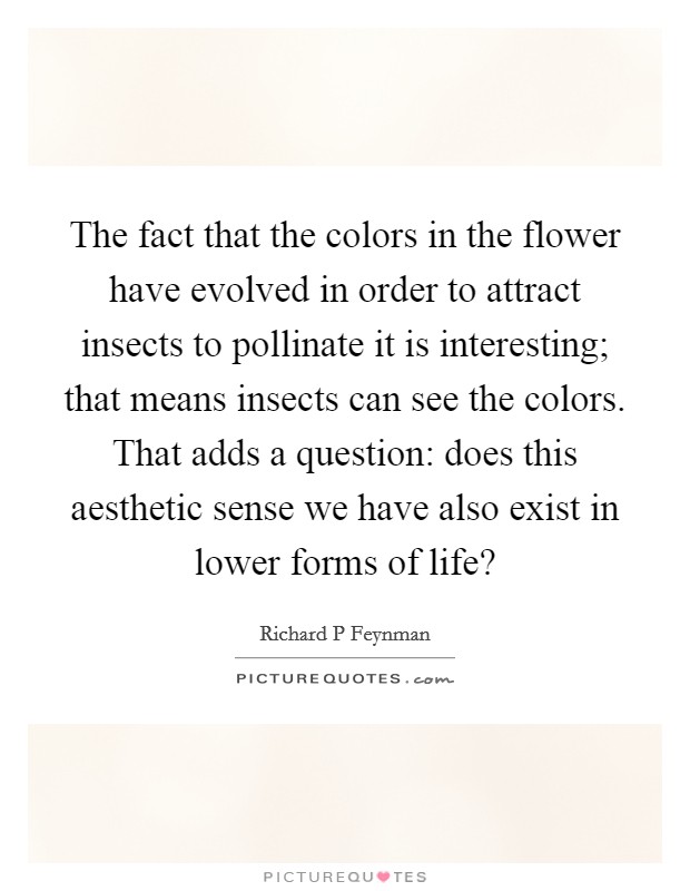 The fact that the colors in the flower have evolved in order to attract insects to pollinate it is interesting; that means insects can see the colors. That adds a question: does this aesthetic sense we have also exist in lower forms of life? Picture Quote #1