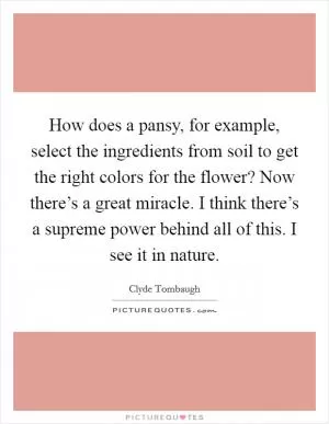 How does a pansy, for example, select the ingredients from soil to get the right colors for the flower? Now there’s a great miracle. I think there’s a supreme power behind all of this. I see it in nature Picture Quote #1