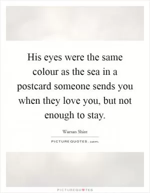 His eyes were the same colour as the sea in a postcard someone sends you when they love you, but not enough to stay Picture Quote #1