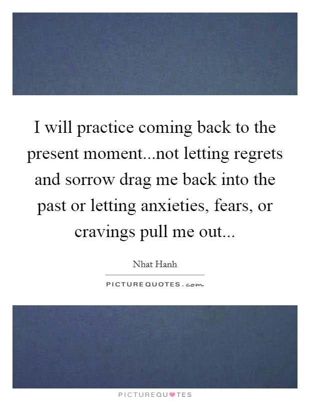 I will practice coming back to the present moment...not letting regrets and sorrow drag me back into the past or letting anxieties, fears, or cravings pull me out... Picture Quote #1