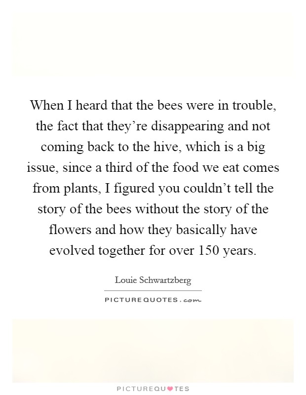When I heard that the bees were in trouble, the fact that they're disappearing and not coming back to the hive, which is a big issue, since a third of the food we eat comes from plants, I figured you couldn't tell the story of the bees without the story of the flowers and how they basically have evolved together for over 150 years. Picture Quote #1