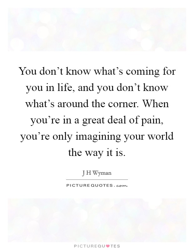 You don't know what's coming for you in life, and you don't know what's around the corner. When you're in a great deal of pain, you're only imagining your world the way it is. Picture Quote #1