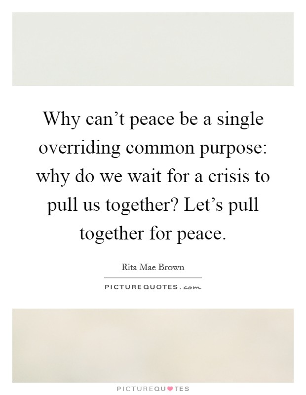 Why can't peace be a single overriding common purpose: why do we wait for a crisis to pull us together? Let's pull together for peace. Picture Quote #1