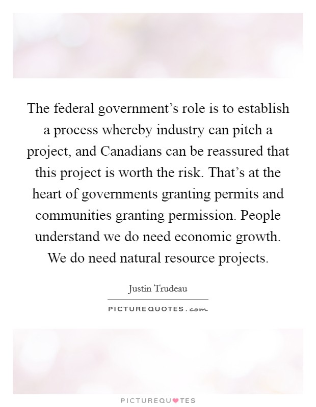 The federal government's role is to establish a process whereby industry can pitch a project, and Canadians can be reassured that this project is worth the risk. That's at the heart of governments granting permits and communities granting permission. People understand we do need economic growth. We do need natural resource projects. Picture Quote #1