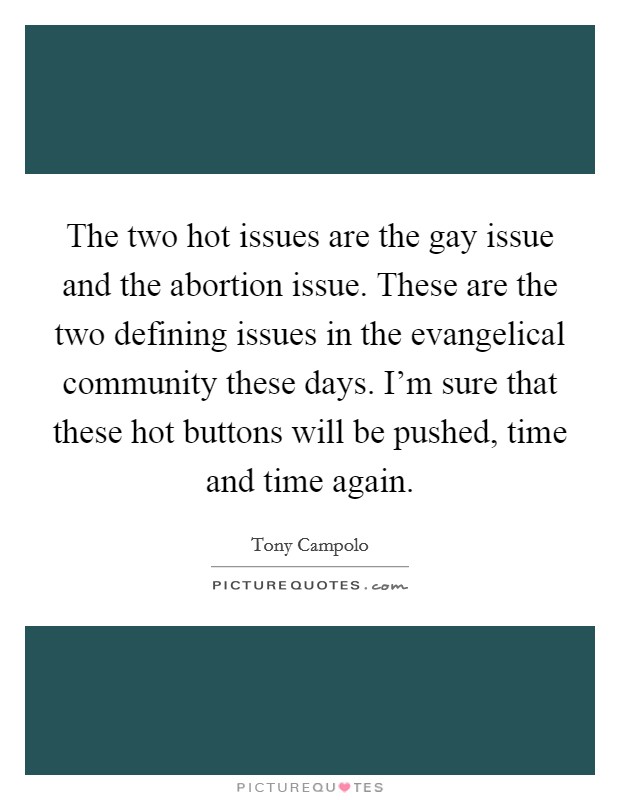 The two hot issues are the gay issue and the abortion issue. These are the two defining issues in the evangelical community these days. I'm sure that these hot buttons will be pushed, time and time again. Picture Quote #1