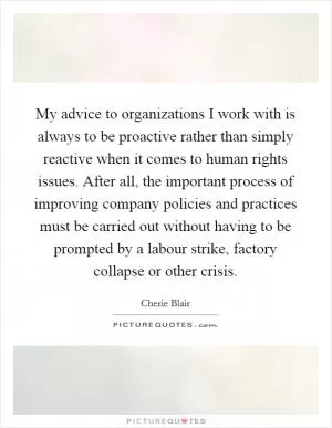 My advice to organizations I work with is always to be proactive rather than simply reactive when it comes to human rights issues. After all, the important process of improving company policies and practices must be carried out without having to be prompted by a labour strike, factory collapse or other crisis Picture Quote #1
