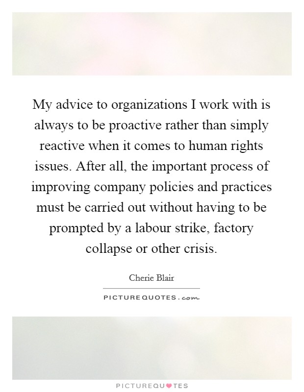 My advice to organizations I work with is always to be proactive rather than simply reactive when it comes to human rights issues. After all, the important process of improving company policies and practices must be carried out without having to be prompted by a labour strike, factory collapse or other crisis. Picture Quote #1