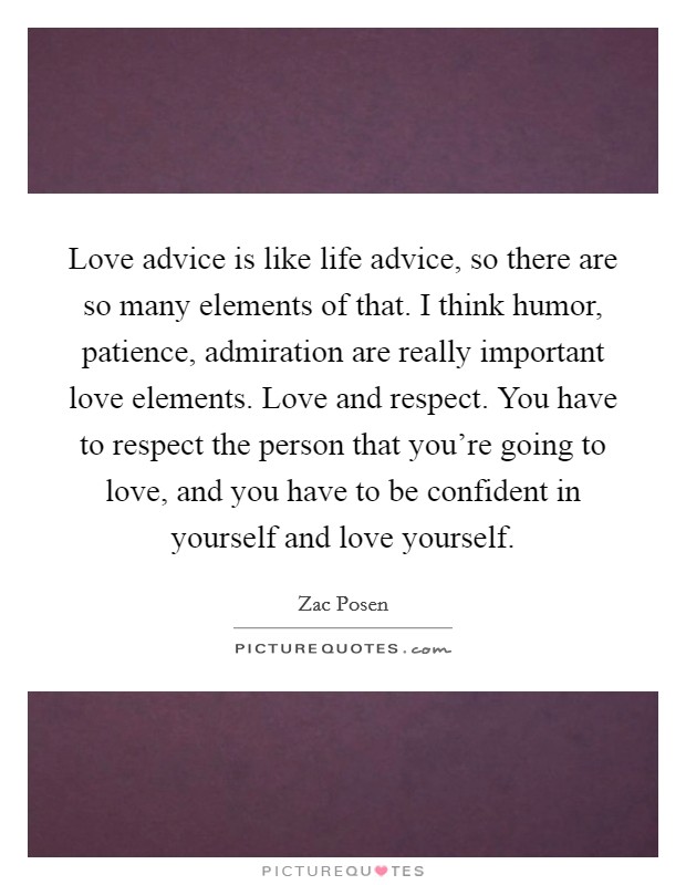 Love advice is like life advice, so there are so many elements of that. I think humor, patience, admiration are really important love elements. Love and respect. You have to respect the person that you're going to love, and you have to be confident in yourself and love yourself. Picture Quote #1