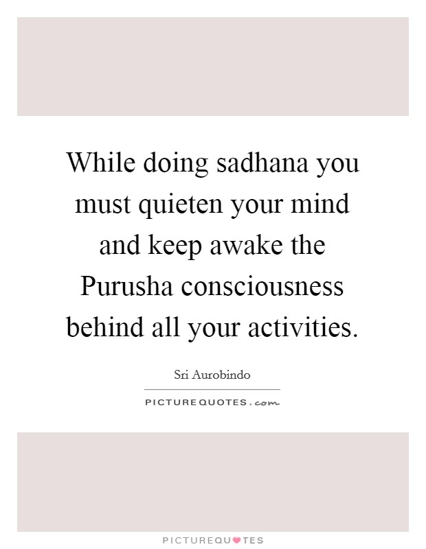 While doing sadhana you must quieten your mind and keep awake the Purusha consciousness behind all your activities. Picture Quote #1