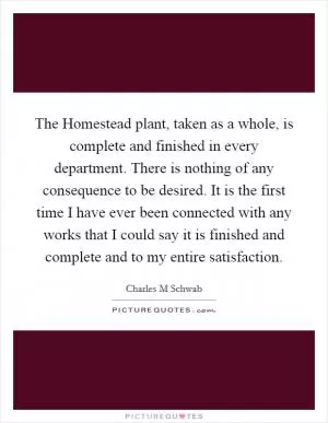 The Homestead plant, taken as a whole, is complete and finished in every department. There is nothing of any consequence to be desired. It is the first time I have ever been connected with any works that I could say it is finished and complete and to my entire satisfaction Picture Quote #1
