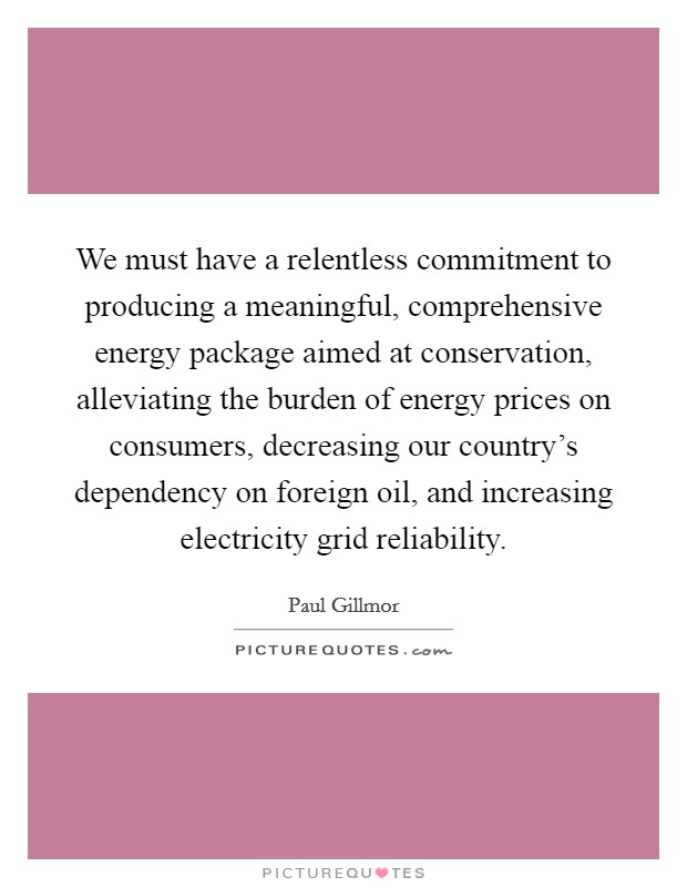 We must have a relentless commitment to producing a meaningful, comprehensive energy package aimed at conservation, alleviating the burden of energy prices on consumers, decreasing our country's dependency on foreign oil, and increasing electricity grid reliability. Picture Quote #1