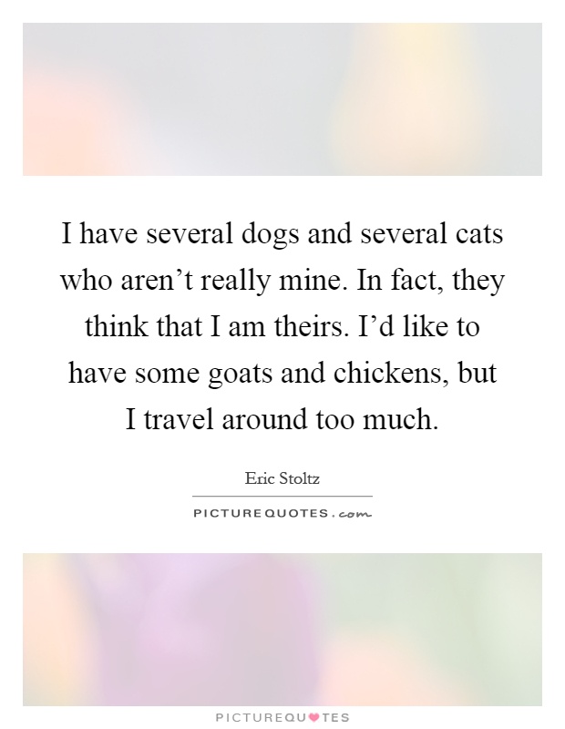 I have several dogs and several cats who aren't really mine. In fact, they think that I am theirs. I'd like to have some goats and chickens, but I travel around too much Picture Quote #1
