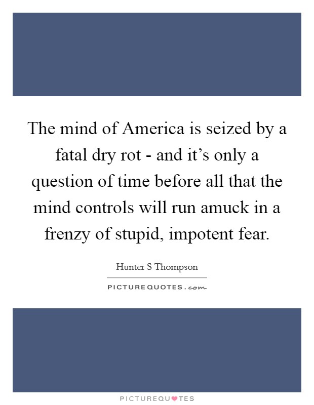 The mind of America is seized by a fatal dry rot - and it's only a question of time before all that the mind controls will run amuck in a frenzy of stupid, impotent fear. Picture Quote #1