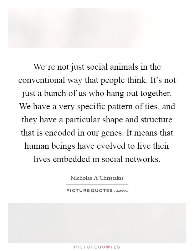 We're not just social animals in the conventional way that people think. It's not just a bunch of us who hang out together. We have a very specific pattern of ties, and they have a particular shape and structure that is encoded in our genes. It means that human beings have evolved to live their lives embedded in social networks. Picture Quote #1