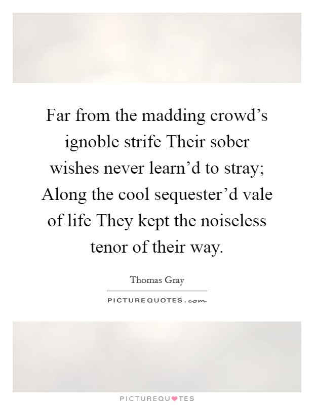 Far from the madding crowd's ignoble strife Their sober wishes never learn'd to stray; Along the cool sequester'd vale of life They kept the noiseless tenor of their way. Picture Quote #1