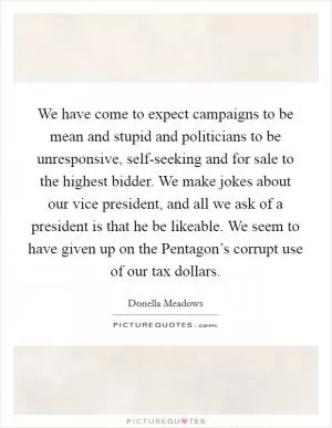 We have come to expect campaigns to be mean and stupid and politicians to be unresponsive, self-seeking and for sale to the highest bidder. We make jokes about our vice president, and all we ask of a president is that he be likeable. We seem to have given up on the Pentagon’s corrupt use of our tax dollars Picture Quote #1