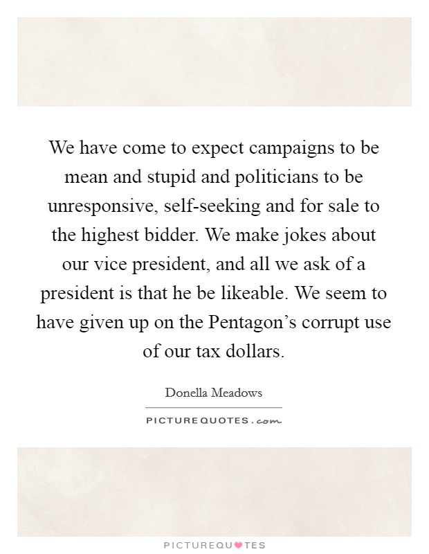 We have come to expect campaigns to be mean and stupid and politicians to be unresponsive, self-seeking and for sale to the highest bidder. We make jokes about our vice president, and all we ask of a president is that he be likeable. We seem to have given up on the Pentagon's corrupt use of our tax dollars. Picture Quote #1