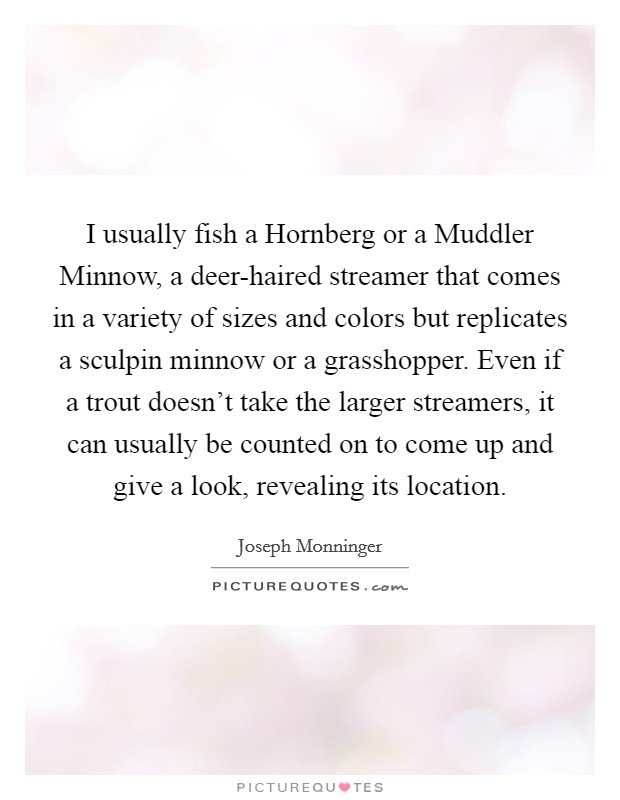 I usually fish a Hornberg or a Muddler Minnow, a deer-haired streamer that comes in a variety of sizes and colors but replicates a sculpin minnow or a grasshopper. Even if a trout doesn't take the larger streamers, it can usually be counted on to come up and give a look, revealing its location. Picture Quote #1
