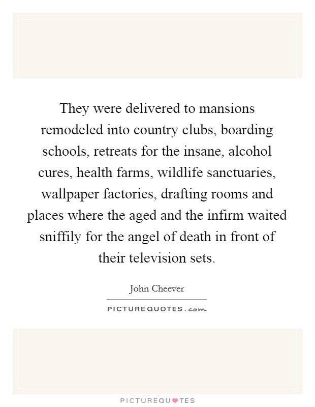 They were delivered to mansions remodeled into country clubs, boarding schools, retreats for the insane, alcohol cures, health farms, wildlife sanctuaries, wallpaper factories, drafting rooms and places where the aged and the infirm waited sniffily for the angel of death in front of their television sets. Picture Quote #1