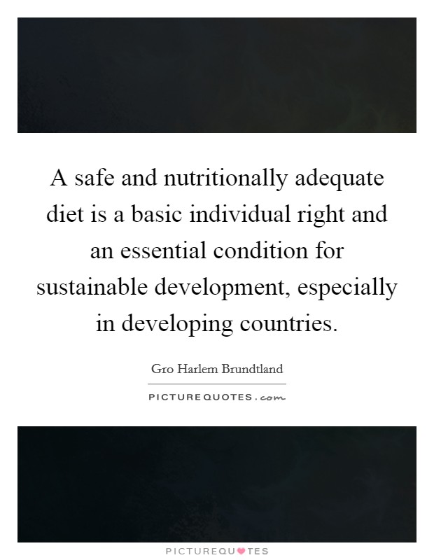 A safe and nutritionally adequate diet is a basic individual right and an essential condition for sustainable development, especially in developing countries. Picture Quote #1