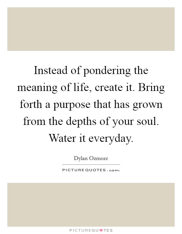 Instead of pondering the meaning of life, create it. Bring forth a purpose that has grown from the depths of your soul. Water it everyday. Picture Quote #1