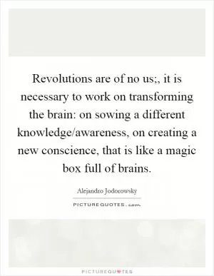 Revolutions are of no us;, it is necessary to work on transforming the brain: on sowing a different knowledge/awareness, on creating a new conscience, that is like a magic box full of brains Picture Quote #1