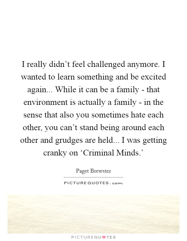 I really didn’t feel challenged anymore. I wanted to learn something and be excited again... While it can be a family - that environment is actually a family - in the sense that also you sometimes hate each other, you can’t stand being around each other and grudges are held... I was getting cranky on ‘Criminal Minds.’ Picture Quote #1