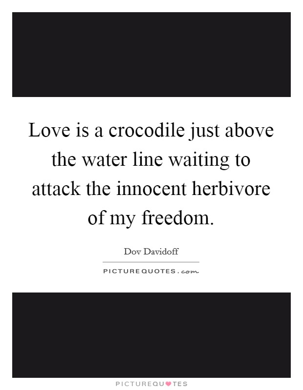Love is a crocodile just above the water line waiting to attack the innocent herbivore of my freedom. Picture Quote #1