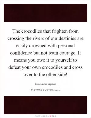 The crocodiles that frighten from crossing the rivers of our destinies are easily drowned with personal confidence but not team courage. It means you owe it to yourself to defeat your own crocodiles and cross over to the other side! Picture Quote #1