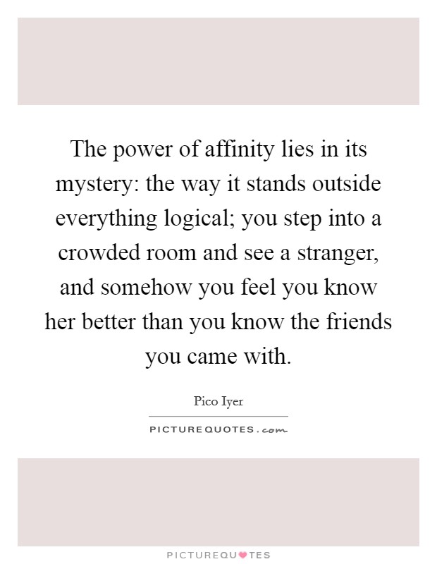 The power of affinity lies in its mystery: the way it stands outside everything logical; you step into a crowded room and see a stranger, and somehow you feel you know her better than you know the friends you came with. Picture Quote #1