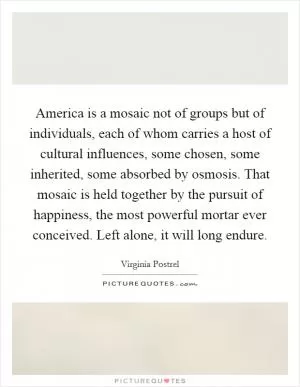 America is a mosaic not of groups but of individuals, each of whom carries a host of cultural influences, some chosen, some inherited, some absorbed by osmosis. That mosaic is held together by the pursuit of happiness, the most powerful mortar ever conceived. Left alone, it will long endure Picture Quote #1