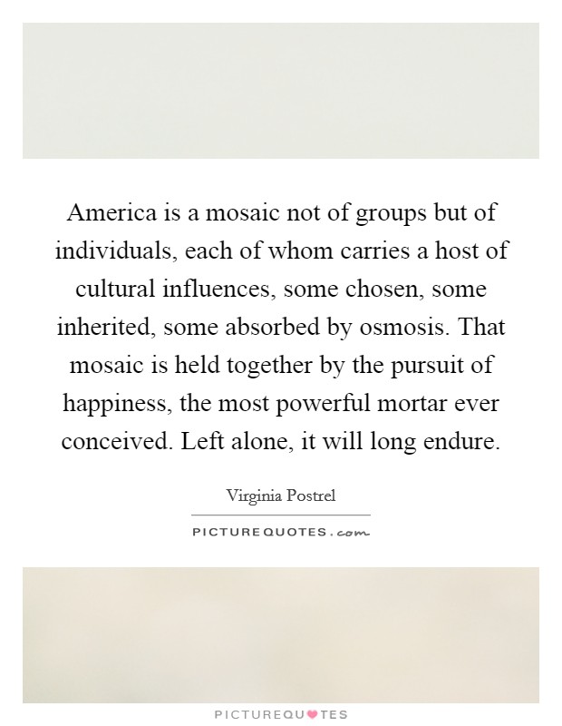 America is a mosaic not of groups but of individuals, each of whom carries a host of cultural influences, some chosen, some inherited, some absorbed by osmosis. That mosaic is held together by the pursuit of happiness, the most powerful mortar ever conceived. Left alone, it will long endure. Picture Quote #1