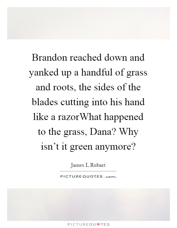 Brandon reached down and yanked up a handful of grass and roots, the sides of the blades cutting into his hand like a razorWhat happened to the grass, Dana? Why isn't it green anymore? Picture Quote #1