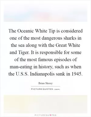The Oceanic White Tip is considered one of the most dangerous sharks in the sea along with the Great White and Tiger. It is responsible for some of the most famous episodes of man-eating in history, such as when the U.S.S. Indianapolis sank in 1945 Picture Quote #1
