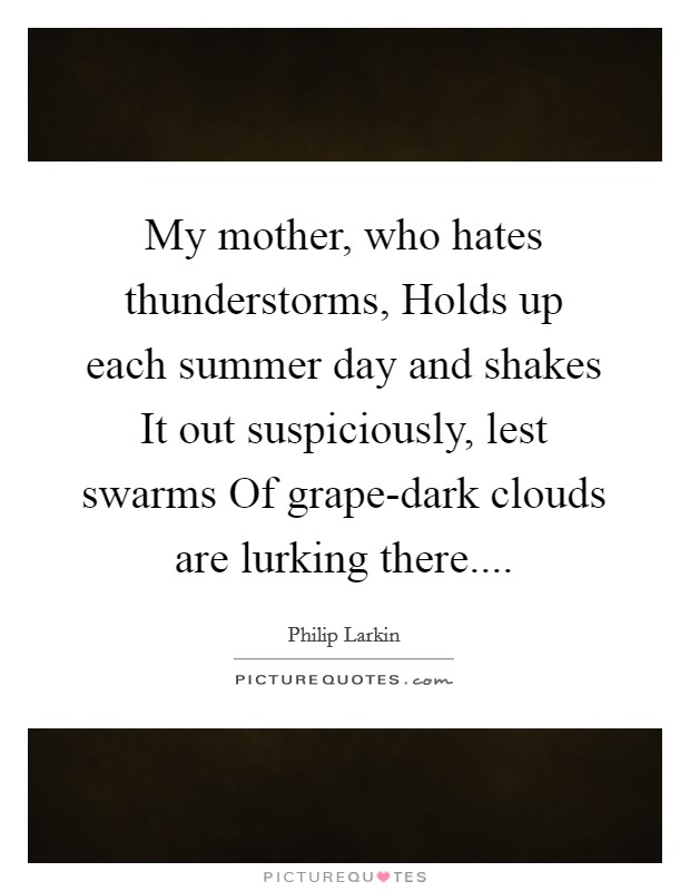 My mother, who hates thunderstorms, Holds up each summer day and shakes It out suspiciously, lest swarms Of grape-dark clouds are lurking there.... Picture Quote #1