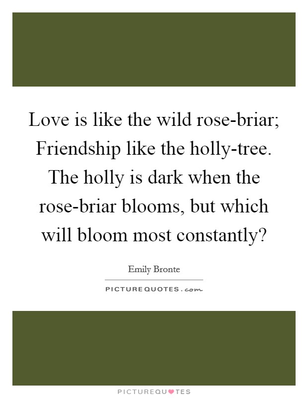 Love is like the wild rose-briar; Friendship like the holly-tree. The holly is dark when the rose-briar blooms, but which will bloom most constantly? Picture Quote #1