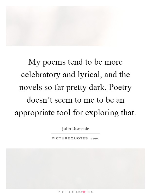 My poems tend to be more celebratory and lyrical, and the novels so far pretty dark. Poetry doesn't seem to me to be an appropriate tool for exploring that. Picture Quote #1